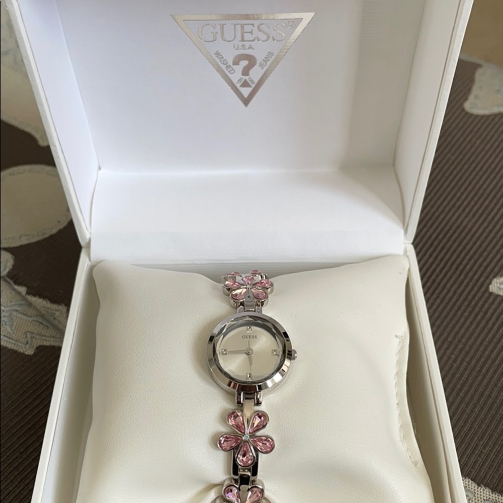 GUESS Silver Watch with Pink Crystal Flowers 🌸